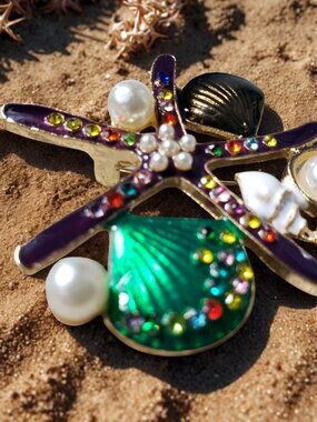 New Starfish & Seashell Brooch Purple & Green Rhinestones Faux Pearls